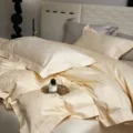 Ensemble de literie en coton jacquard de luxe, drap et housse de couette champagne doux. - Camélia Coton Long Jacquard Style Temps Doré (Blanc Beige)