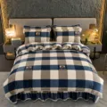 Thickened mink velvet plaid bedding set, blue and khaki checkered bed skirt style, warm. - Blue Large Plaid Milk Velvet Bedding Set - Le Xuan / 1.8m Bed Skirt 4-Piece Set with Duvet Cover 200*230