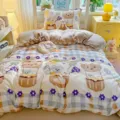 Thickened milk velvet four-piece bedding set with cute bear plaid print for winter warmth. - Milk Velvet Bedding Set - Dioros Pet Story / Single Duvet Cover 150x200
