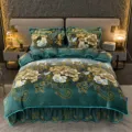 Luxury dark green plush floral bedding set with bed skirt, thick warm winter four piece set. - Milk Velvet Bedding Sets - Lexuan Floral Sentiment
