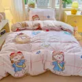 Thickened milk velvet 4-piece bedding set, winter warm pink plaid duvet cover with cute cartoon print. - Milk Velvet Bedding Set - Plaid Girl / Single Duvet Cover 150x200