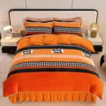 Thick Coral Fleece Bedding Set Orange Houndstooth Duvet Cover Bed Skirt Warm Winter 4Pcs - Milk Fleece Bedding Set - Lexuan Youth Time