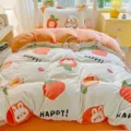Thickened milk velvet four-piece bedding set, cute cartoon peach rabbit warm winter duvet cover - Milk Velvet Bedding Set - Peach / Single Duvet Cover 150x200