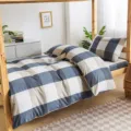 Cotton plaid bedding set duvet cover and pillowcases, blue and beige geometric pattern home textile. - Pure Cotton 3-Piece Set Mandy - Blue / [Flat Sheet Style] 0.9m 3-Piece Set - Duvet Cover 155x205