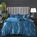 Silk satin bedding set dark blue luxury soft duvets cover pillowcases smooth hotel style - 1.2m Ice Silk Bed Sheet 4-Piece Set (Duvet Cover 150×200cm) / Paris Blue