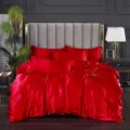 Red silk satin bedding set luxury solid color duvet cover pillowcases stylish bedroom decor - 1.2m Ice Silk Bed Sheet 4-Piece Set (Duvet Cover 150×200cm) / Red