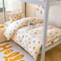 Cute pumpkin print cotton student dormitory bedding set with duvet cover and bedsheets - Erden Pumpkin Festival 100% Cotton 3-Piece Set - Yellow / [Flat Sheet Style] 0.9m 3-Piece Set - Duvet Cover 155x205