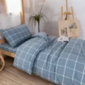 Cotton blue grid student dormitory bedding set, comfortable duvet cover and sheet. - Pure Cotton 3-Piece Set - Blue Moment / [Flat Sheet Style] 0.9m 3-Piece Set - Duvet Cover 155x205