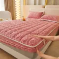 Pink fleece quilted mattress cover, cozy winter warm jacquard fitted bed sheet style. - 120x200cm / Bean Paste Red