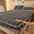 Winter warm plush corduroy fitted sheet thickened quilted bed cover with matching pillow cases. - Starry Black