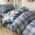 Blue plaid cotton bedding set duvet cover and bed sheet for student dorm home bedroom decor - All-Cotton 3-Piece Set Erdun Fangte - Blue / [Flat Sheet Style] 0.9m 3-Piece Set - Duvet Cover 155x205