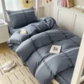 Cotton plaid bedding set duvet cover bed sheet pillowcases soft dorm home room decor - All-Cotton 3-Piece Set - Elton Bylon Style (Gray) / [Flat Sheet Style] 0.9m 3-Piece Set - Duvet Cover 155x205