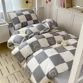Grey white checkered bedding set with cute bear print soft cotton duvet cover for dorm room. - Pure Cotton 3-Piece Set Elton Plaid Bear / [Flat Sheet Style] 0.9m 3-Piece Set - Duvet Cover 155x205