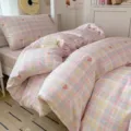 Cute pink plaid bedding set with heart print, soft cotton duvet cover for student dorm room. - Cotton 3-Piece Set Elton California Sweetheart - Pink / [Flat Sheet Style] 0.9m 3-Piece Set - Duvet Cover 155x205