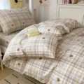 Cozy cotton plaid bedding set with cute heart prints, soft duvet cover and bed sheet for home. - Cotton 3-Piece Set Elton California Sweetheart - Coffee / [Flat Sheet Style] 0.9m 3-Piece Set - Duvet Cover 155x205
