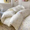 Cotton floral duvet cover set with cute bear print for student dorm bedroom decor. - Cotton 3-Piece Set Elton Old Book Creases - Blue / [Flat Sheet Style] 0.9m 3-Piece Set - Duvet Cover 155x205