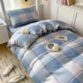 Blue and white plaid cotton bedding set for student dorm and home use, soft duvet cover sheet. - All-Cotton 3-Piece Bedding Sets / [Flat Sheet Style] 0.9m 3-Piece Set - Duvet Cover 155x205