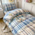 Blue and white plaid bedding set with cute puppy print, soft cotton duvet cover sheets. - 100% Cotton 3-Piece Bedding Set Cute Westie / [Flat Sheet Style] 0.9m 3-Piece Set - Duvet Cover 155x205