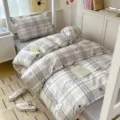 Grey plaid bedding set with cute cloud and star print, soft cotton duvet cover for student dorm. - 100% Cotton 3-Piece Bedding Set (Cute Beagle) / [Flat Sheet Style] 0.9m 3-Piece Set - Duvet Cover 155x205