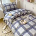 Cotton student dormitory blue plaid bedding set, soft and comfortable home duvet cover. - Cotton 3-Piece Set - Dreamy Grid / [Flat Sheet Style] 0.9m 3-Piece Set - Duvet Cover 155x205