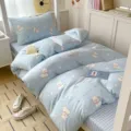 Light blue cute bear print cotton bedding set, soft breathable duvet cover for home dorm. - Erden Puff Dog 100% Cotton 3-Piece Set / [Flat Sheet Style] 0.9m 3-Piece Set - Duvet Cover 155x205