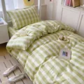 Green plaid cotton bedding set for student dorm and home use, soft duvet cover and pillowcases. - Erden Light Plain Grid 100% Cotton 3-Piece Set / [Flat Sheet Style] 0.9m 3-Piece Set - Duvet Cover 155x205