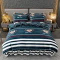 Thickened mink fleece printed four-piece bed skirt set dark blue heart stripe design winter cozy warm - Milk Fleece Bedding Set - Lexuan Heart Arrow