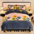 Thickened velvet sunflower bedding set with bed skirt, soft winter warm 4-piece duvet cover. - Milk Velvet Set Lexuan Sunflower