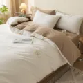 Cotton duvet cover bedding set in beige and white color block design for cozy bedroom decor - Solid Color-Block Washed Cotton Bedding Set - Light Cream & Coffee / 1.2m Flat Sheet 3-Piece Set