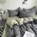 Parure de lit en coton lavé brossé unie housse de couette double face drap dortoir textile de maison - Coton lavé bicolore - Gris foncé et matcha / Draps-housses simples 150x200 cm