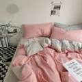 Parure de lit lavée en coton bicolore rose et gris, housse de couette douce et confortable. - Coton lavé bicolore - pâte de haricot et gris clair / Draps-housses simples 150x200 cm