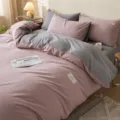 Pink and grey cotton bedding set duvet cover bed sheet for cozy bedroom home decor style - Solid Color Two-Tone Washed Cotton Bedding Set - Muzi Red Bean Paste & Dark Gray / 1.2m Flat Sheet 3-Piece Set