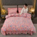 Thickened flannel milk velvet bedding set, winter warm pink tulip printed four-piece set. - Milk Velvet Bedding Set - Tulip