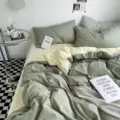 Parure de lit en coton lavé bicolore, housse de couette et drap pour un intérieur cosy. - Coton lavé bicolore - Matcha et fromage / Draps-housses simples 150x200 cm
