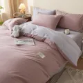 Cotton 4-piece bedding set pink grey duvet cover pillowcase bedroom home textile essentials - Solid Two-Tone Washed Cotton Set (Taro Purple and Bean Paste) / 150*200cm Single Duvet Cover