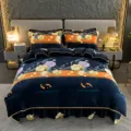 Thickened Golden Mink Velvet Printed Four-Piece Bedding Set with Bed Skirt for Autumn Winter - Milk Velvet Bedding Set (Lexuan Moonlight over Lotus Pond)