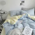Parure de lit unie en coton lavé, housse de couette bicolore bleu et jaune confortable. - Coton lavé bicolore - Bleu clair et fromage / Draps-housses simples 150x200 cm