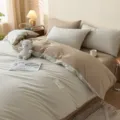 Cozy pure cotton duvet cover set in beige color block design for comfortable bedroom sleep. - Two-Tone Solid Washed Cotton Bedding Set - Muzi Beige & Coffee / 150*200cm Single Duvet Cover