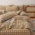 Katoenen gewassen ruitjes beddengoed set geel paars dekbedovertrek slaapkamer decor - 4-delige beddengoedset van 100% gewassen katoen (paars & geel medium raster)