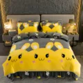 Thickened coral fleece bedding set with cute yellow rabbit print, cozy warm flannel bed skirt. - Milk Velvet Bedding Set Lexuan Happy Rabbit