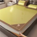 Ice silk cooling mat bed sheet set with pillowcases summer breathable mattress cover - Triangular Embroidered Double-Sided Rattan Mat - Brownish Green - Fitted Sheet Style / 150*195cm Cooling Mat 3-Piece Set