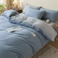 Blue cotton four-piece bedding set including duvet cover, bed sheet, and pillowcases. - Solid Two-Tone Washed Cotton Set Muzi Light Blue-Gray / 150*200cm Single Duvet Cover