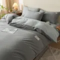 Solid color cotton four-piece bedding set with duvet cover, bed sheet and pillowcases for cozy bedroom. - Solid Two-Tone Washed Cotton Set Muzi Dark Gray & Light Gray / 150*200cm Single Duvet Cover