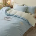 Cotton bedding set in light blue and beige color block, soft duvet cover and pillowcases. - Two-Tone Solid Color Washed Cotton Bedding Sets (Muzi Sky Blue & Apricot Yellow) / 150*200cm Single Duvet Cover