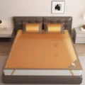 Brown Ice Silk Cooling Mat Set for Double Bed Summer Sheet with Pillowcases Foldable - Triangular Embroidered Double-Sided Rattan Mat Ke Man Qing Meng - Brownish Yellow - Bed Mat Style