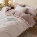 Pink and grey cotton bedding set four piece duvet cover bedsheet and pillowcases soft - Two-Tone Solid Color Washed Cotton Bedding Sets (Muzi Soft Pink & Red Bean Paste) / 150*200cm Single Duvet Cover