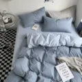 Parure de lit 4 pieces en coton lave uni douce et confortable housse de couette draps - Coton lavé bicolore - bleu brume de lune / Draps-housses simples 150x200 cm