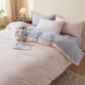 Soft 100% Cotton 4-Piece Bedding Set Dual-Color Duvet Cover Pillowcases Flat Sheet SKU - Two-Tone Solid Color Washed Cotton Bedding Sets (Muzi Soft Pink & Taro Purple) / 150*200cm Single Duvet Cover