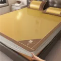 Summer ice silk cooling mat fitted sheet breathable mesh foldable bedding set with pillowcase - Triangle Embroidered Double-Sided Rattan Mat - Light Gold - Fitted Sheet Style