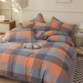 Oranje grijs geruit katoenen beddengoed set met zacht dekbedovertrek en elastisch hoeslaken. - 4-delige set gewassen katoen Xisifang Cookie Plaid - Oranje